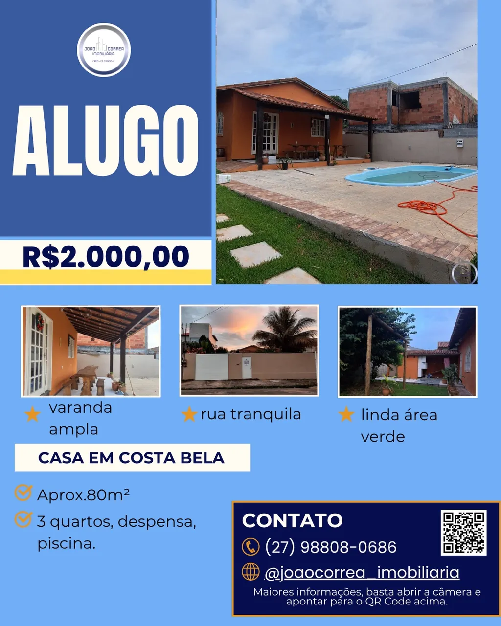 Alugo casa linear com piscina construída em terreno de 450m² em Costa Bela.