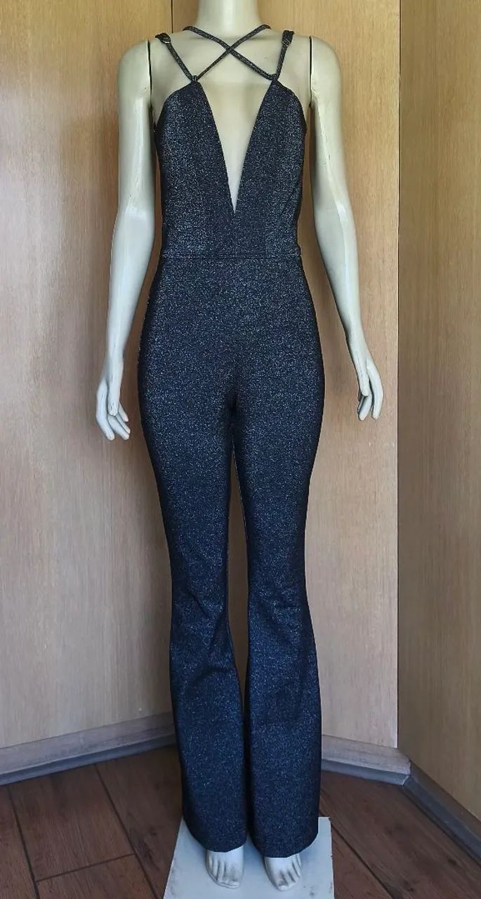 Macacão Flare Lurex Preto 