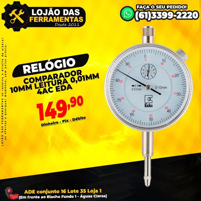 Relógio Comparador 10mm Leitura 0,01mm 4Ac EDA