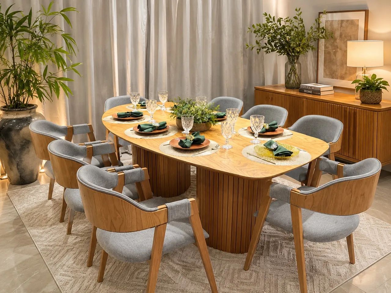 MESA DE JANTAR FLORENCIA - BASE RIPADA - COM 8 CADEIRAS POLTRONAS