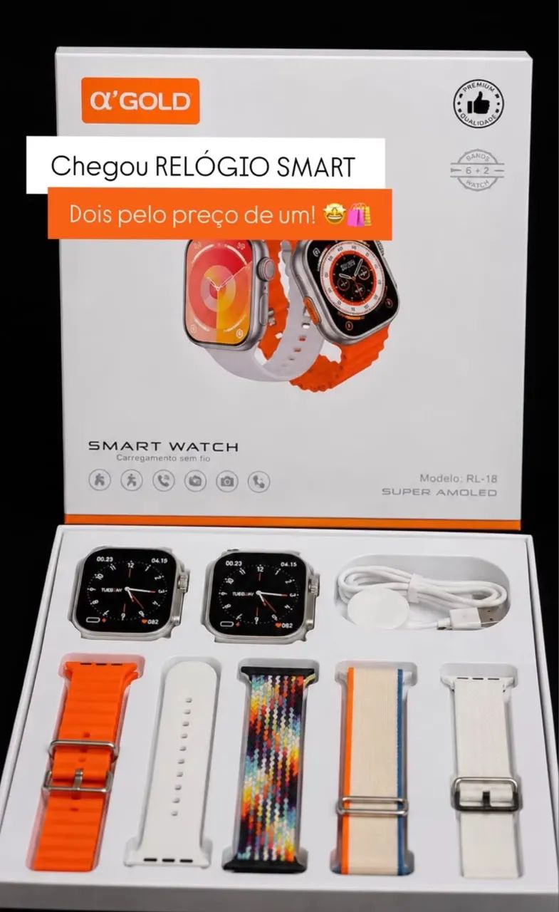Smartwatch A?Gold RL-18 Super AMOLED - Kit com 2 Relógios + 6 Pulseiras | LACRADO! 