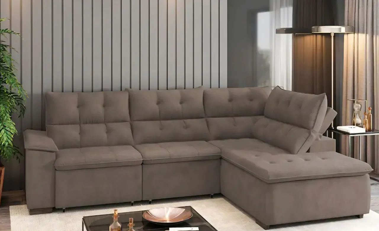 Sofá de Canto Retrátil e Reclinável com Chaise 3 Lugares