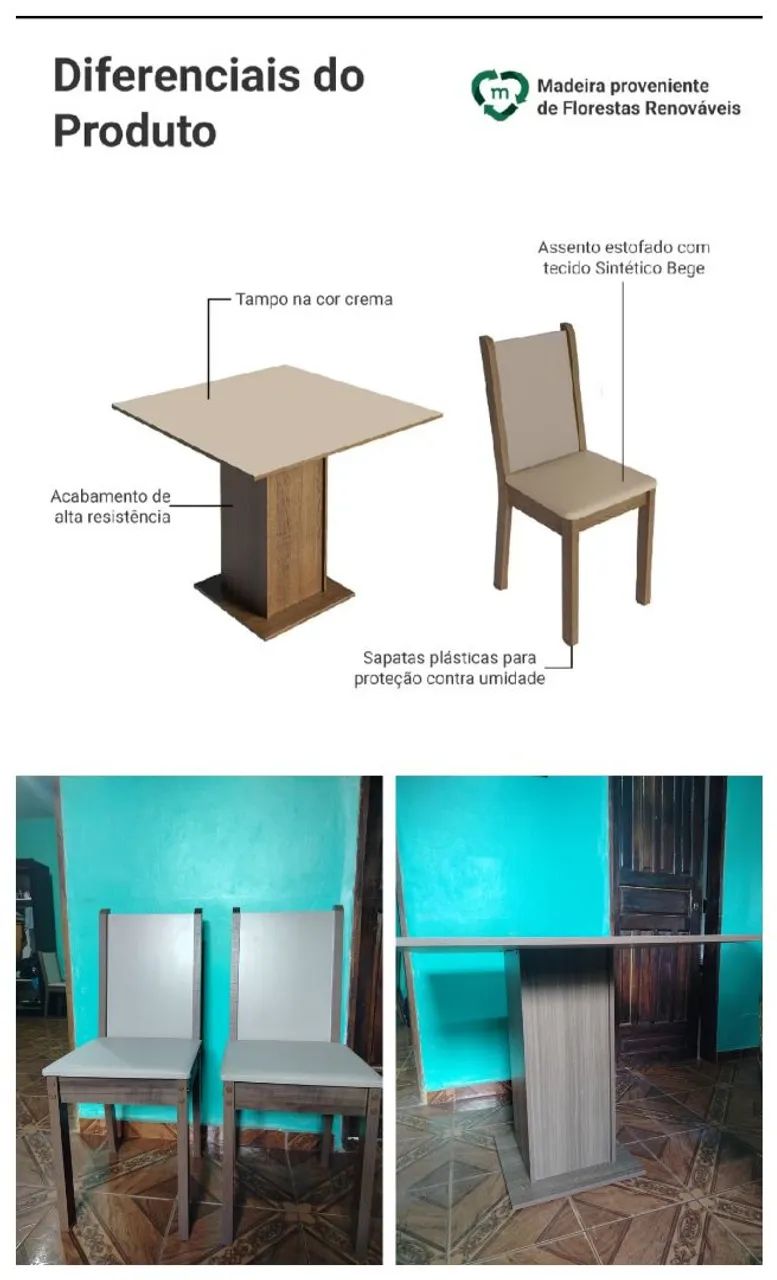 Mesa com tampo de madeira 90X90 com 4 cadeiras 