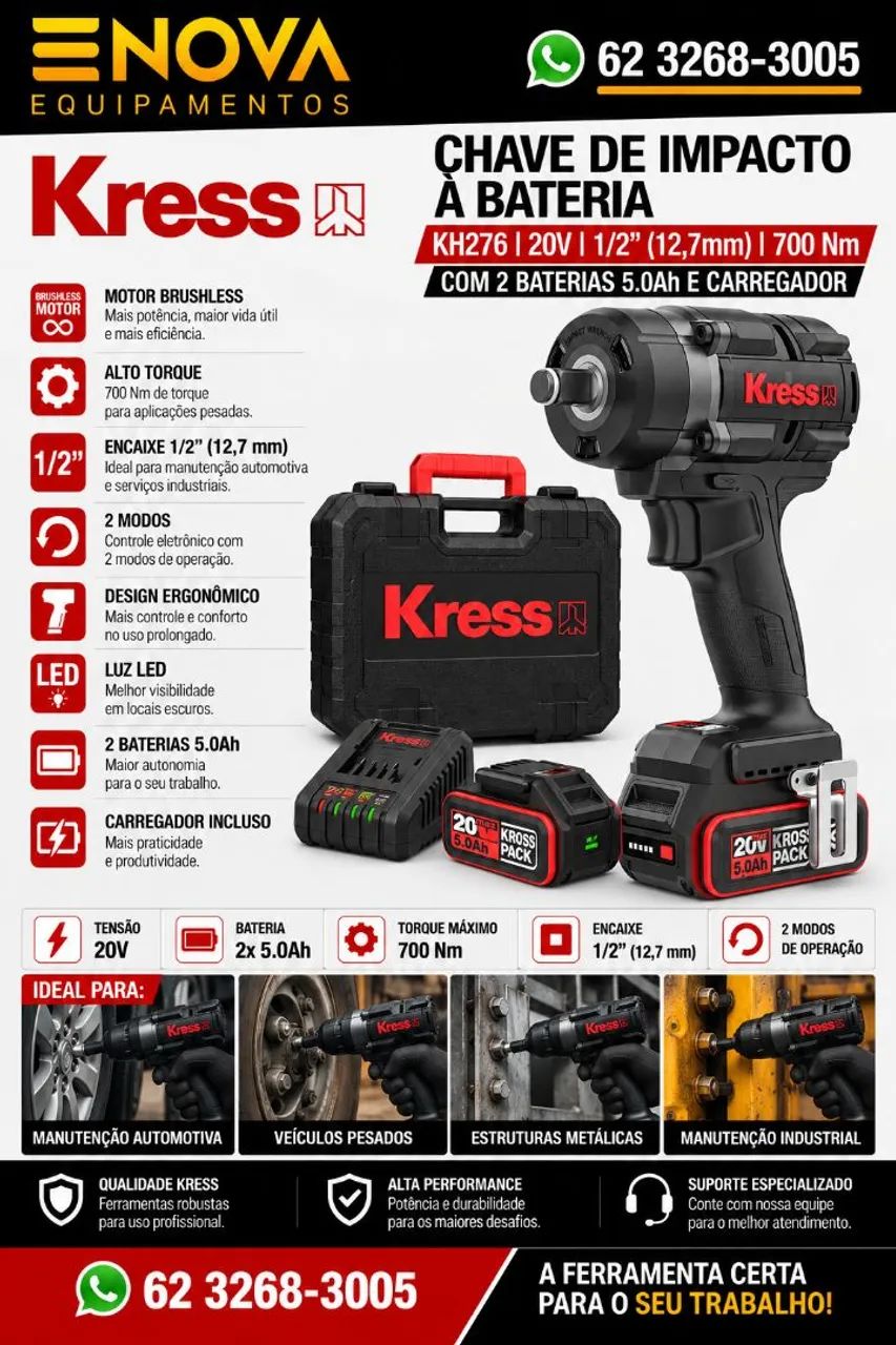 Chave de Impacto Kress KH276 700NM MALETA DUAS BAT 5AH E