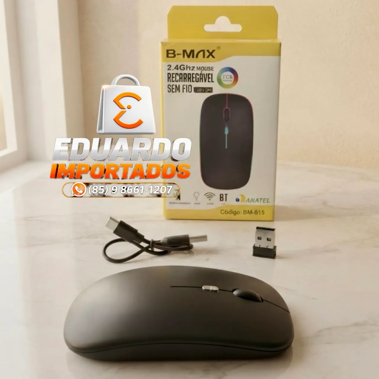 Mouse sem fio Bluetooth + Wireless USB com Luzez Coloridas, Recarregável 