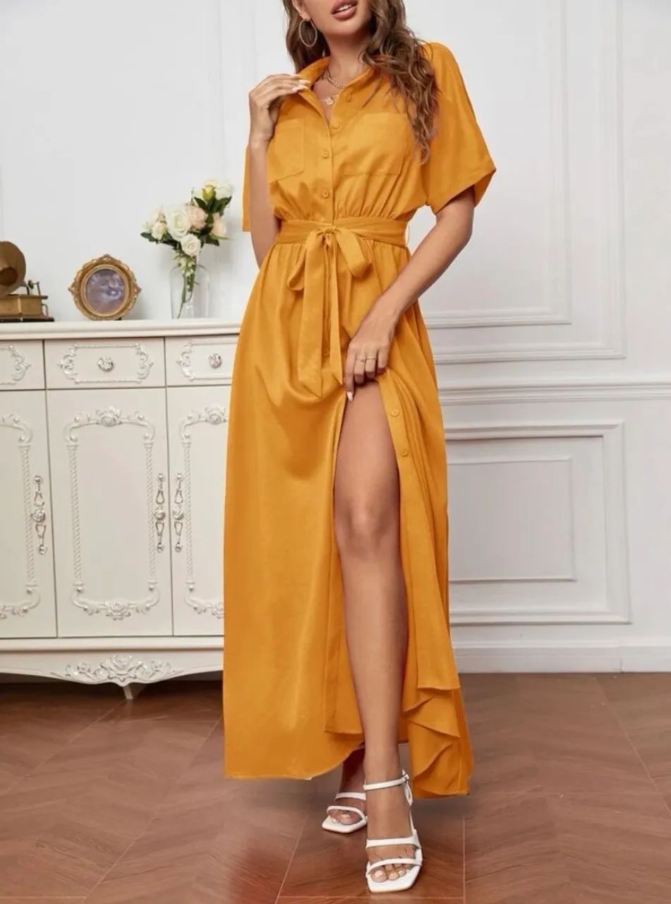 vestido longo maxxi amarelo mostarda bolso - Foto 3