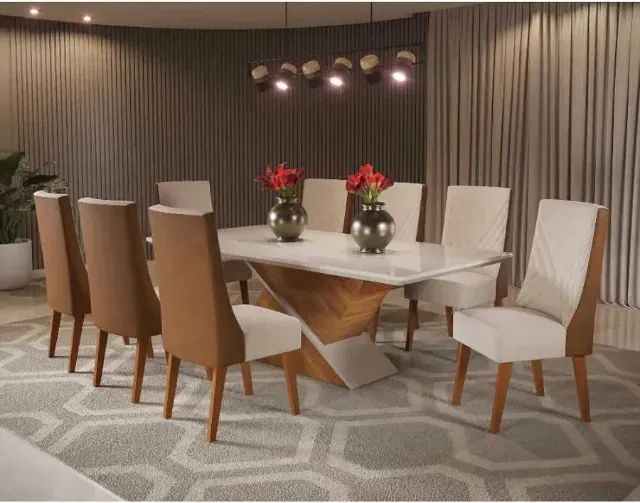Mesa de Jantar Premium com Tampo de Vidro e 8 Cadeiras