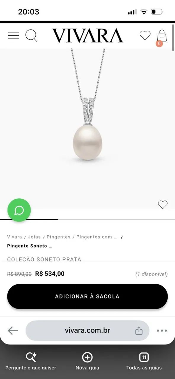 colar vivara pingente soneto prata 925 com pérola e topázios - Foto 5