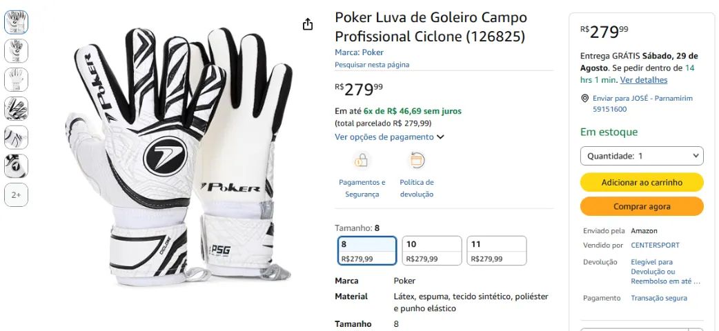 Luva De Goleiro Poker Campo Palma Profissional Grip Ciclone Cor Branco-preto Tam 8 - Foto 2