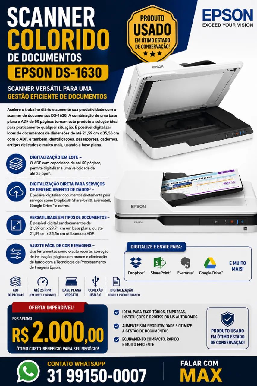 OPORTUNIDADE - Scaner EPSON DS-1630 Alta Performance