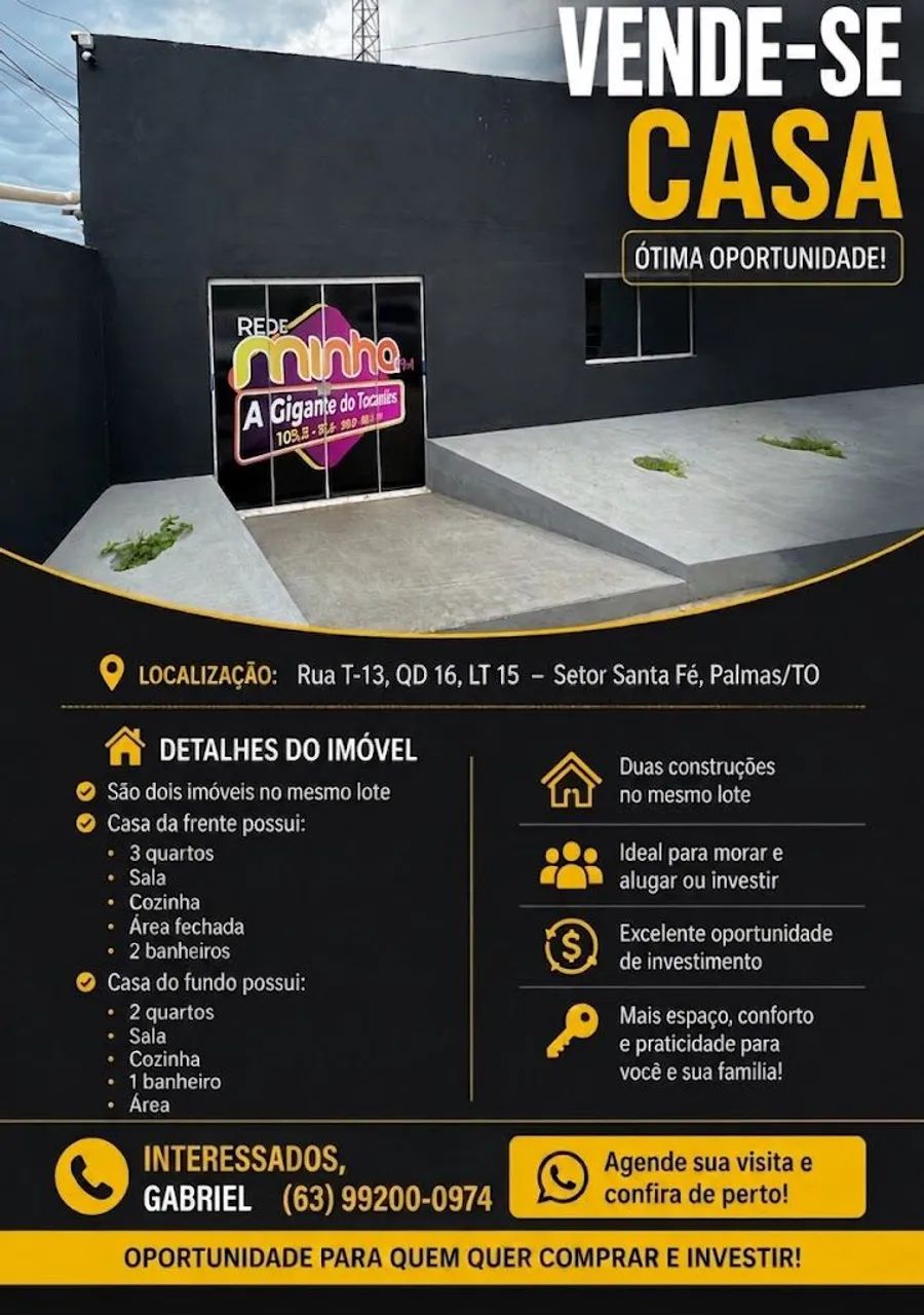 Imóvel Duplo para Investimento no Setor Santa Fé - Palmas/TO