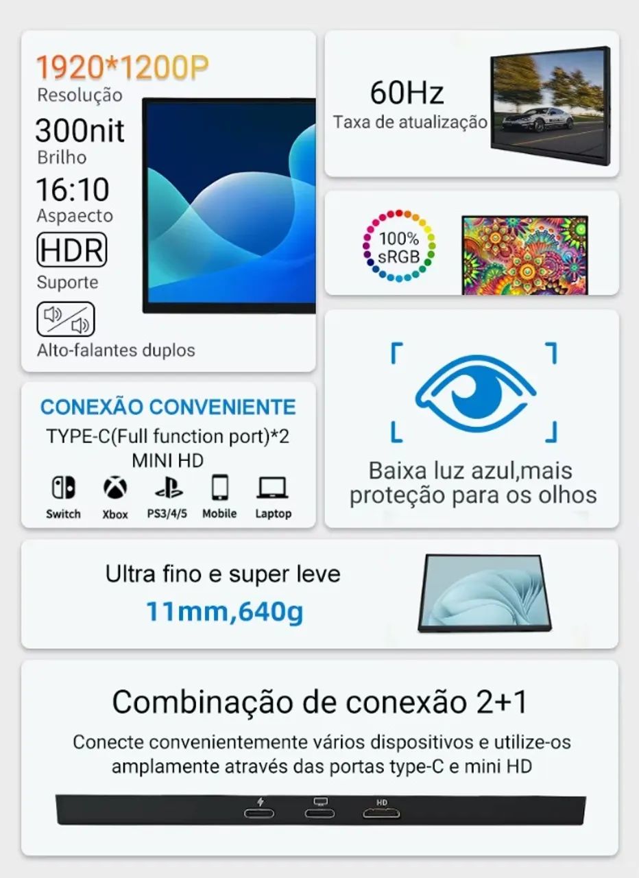 ZSUS Monitor Portátil 16 Polegadas 1200p 100% sRGB HD HDR IPS TFT - Foto 5
