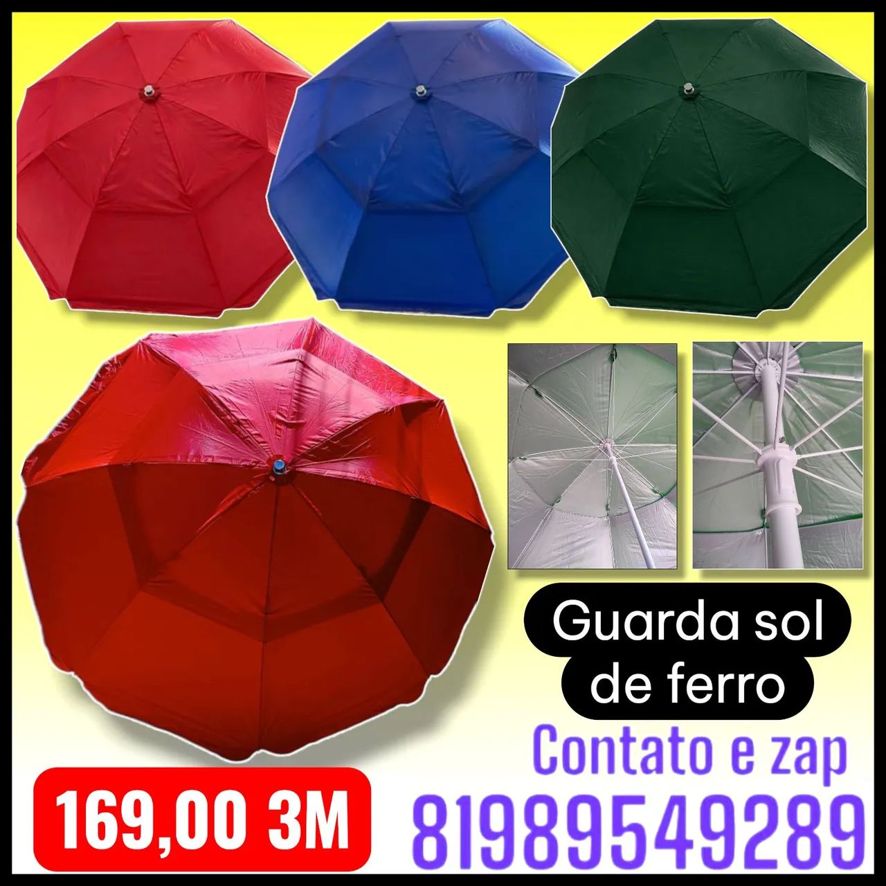 Guarda sol de ferro 3m azul ,verde ou vermelha 