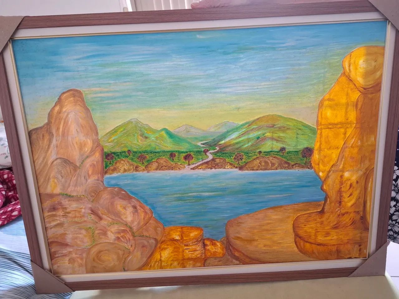 Lindo quadro de paisagem emoldurado ARTESANAL