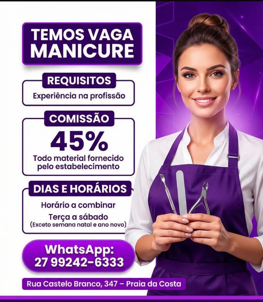 Vaga de manicure para praia da costa 