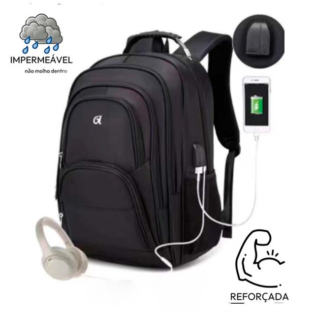 Mochila Bolsa Notebook Reforçada USB Impermeável Executiva Cabo de Aço