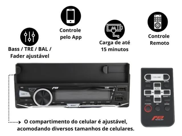 Auto Rádio Som Jr8 com Suporte Celular Bluetooth Usb Sd Controle Toca cd - Foto 3