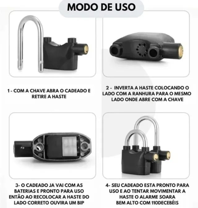 Cadeado Com Alarme Antifurto Sonoro 3 Chaves Ideal Para Motos, Bike, Portas, Luatek Lkbl16 - Foto 3