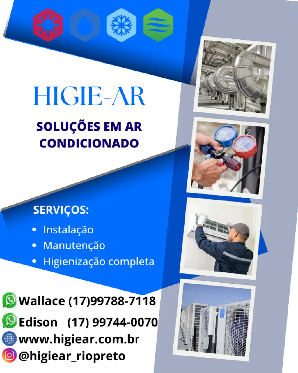 Instalação, manutenção e higienização de ar condicionado.