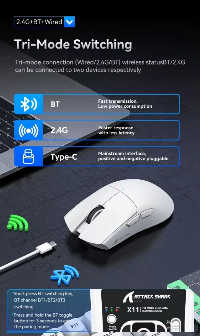 Mouse Attack Shark X11 Sem Fio + Base de Carregamento, Tri-Mode, PAW3311, Branco - [Novo]  - Foto 3