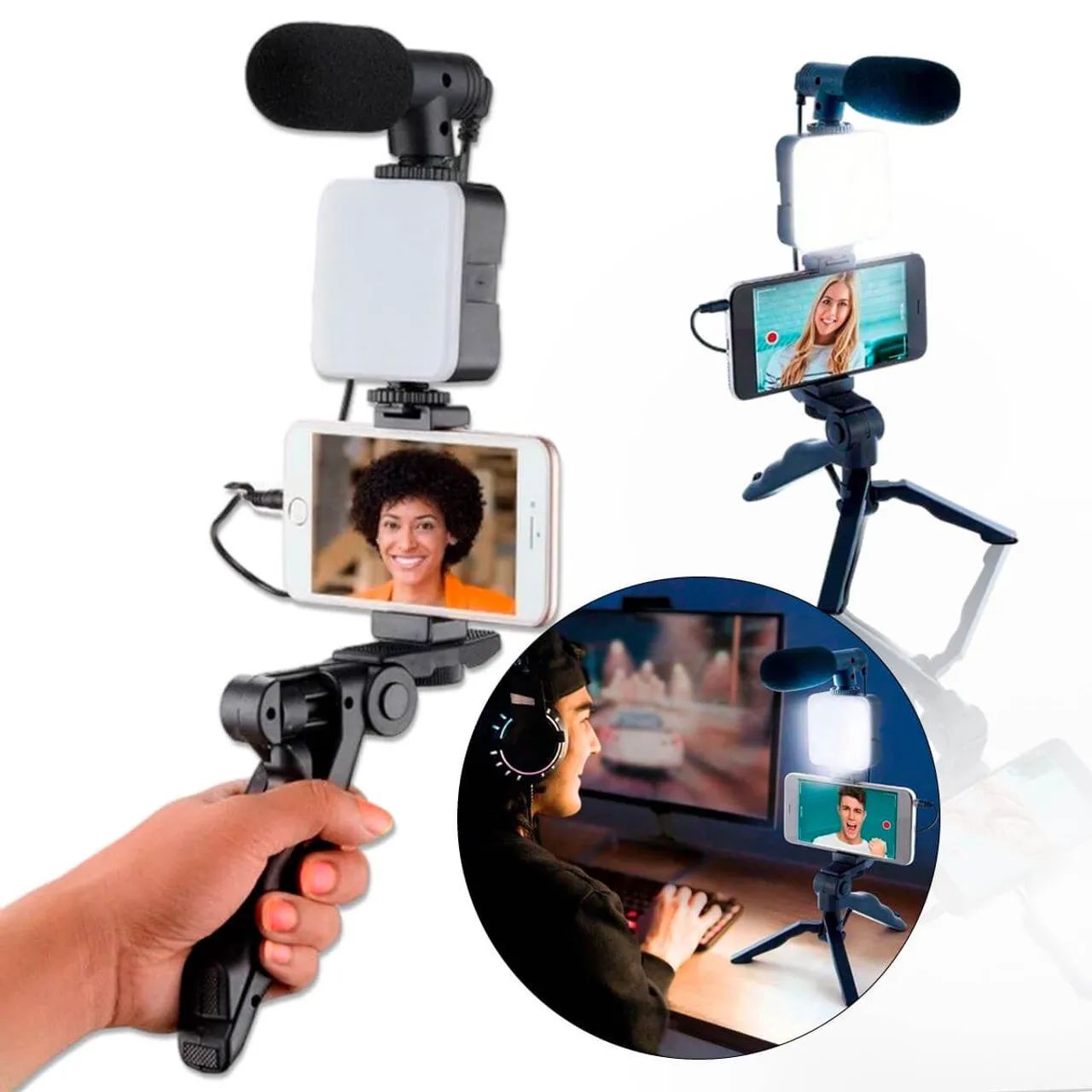 Kit de Gravação 5 em 1 para Celular Tripé, LED, Microfone e Controle Remoto Novo/Nota