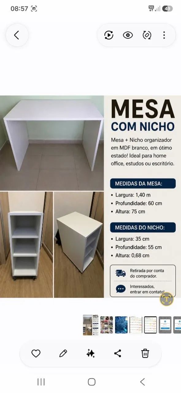 Mesa Home Office MDF Branco + Nicho com Rodízios