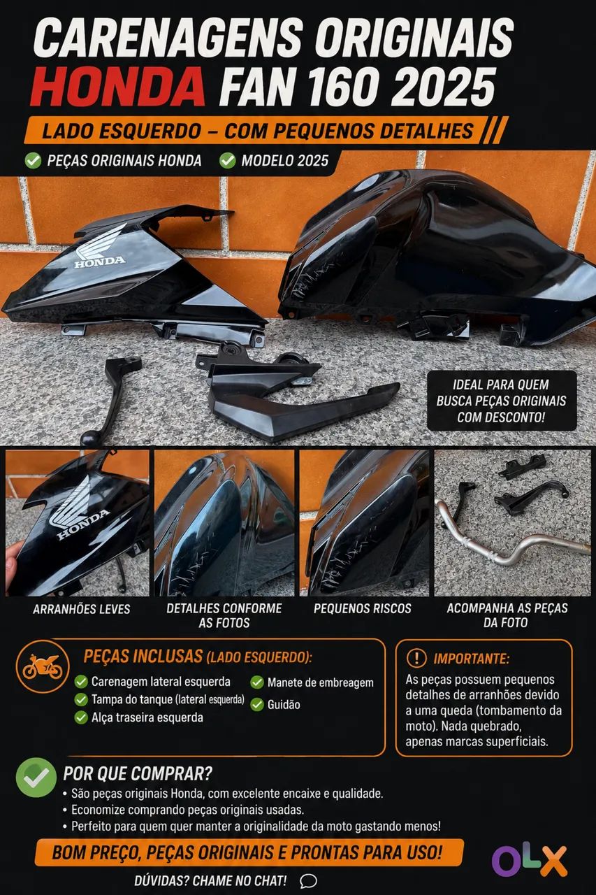 Carenagens Originais Honda CG Fan 160 2025 (Lado Esquerdo) + Guidão eManete