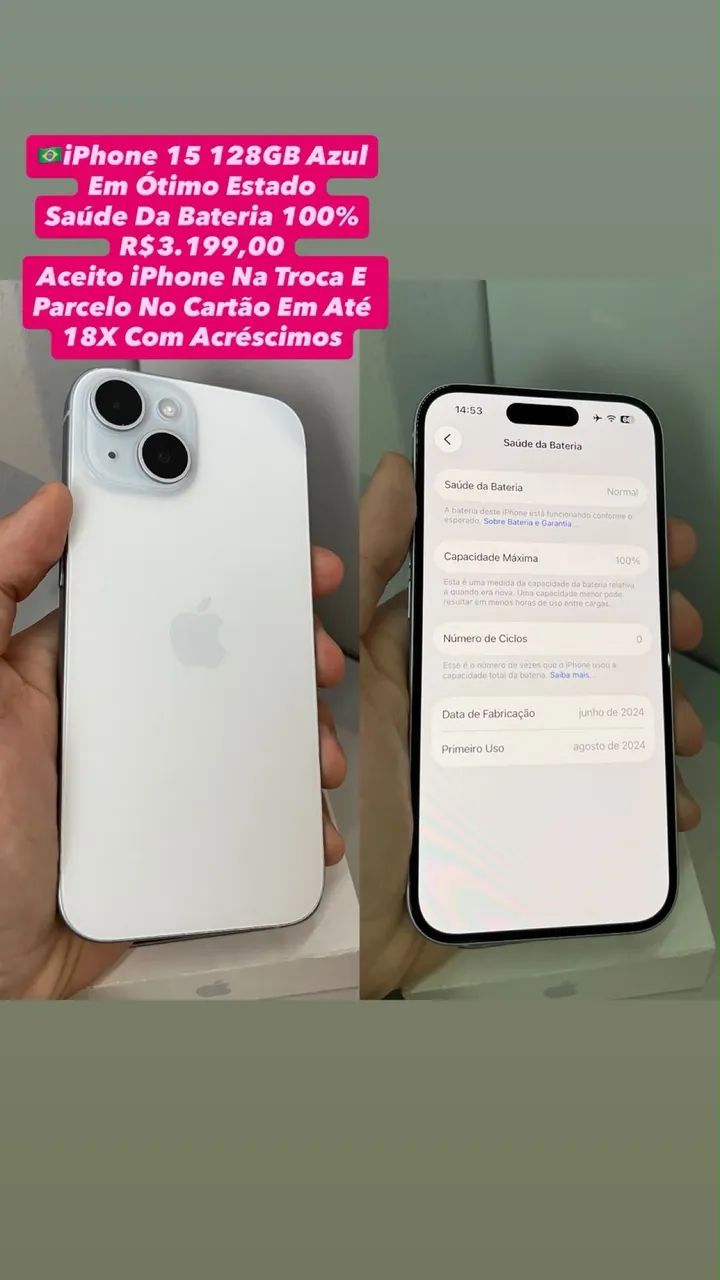 iPhone 15 128GB Azul - Saúde Da Bateria 100% (Em Ótimo Estado)