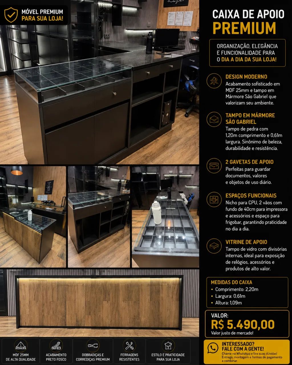 Caixa de Apoio para Loja MDF 25mm com Mármore São Gabriel e Vitrine