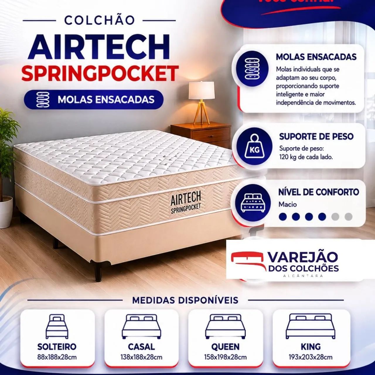 Cama Ortobom, colchão Airtech pocket + base casal. 