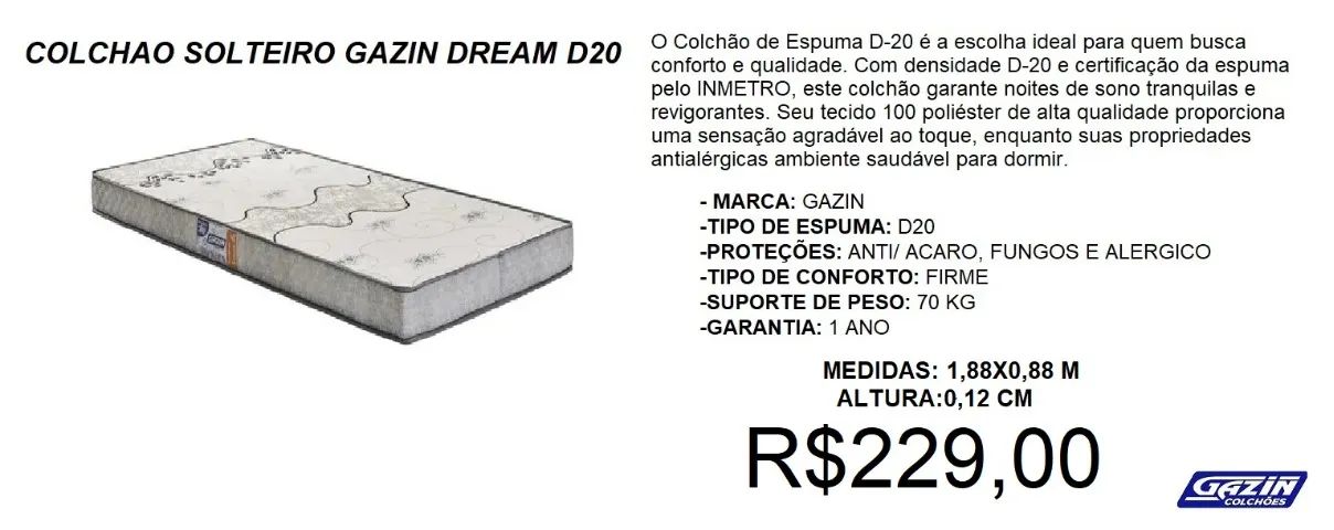 Colchão d20 gazin 100% espuma - parcelamos sem juros 