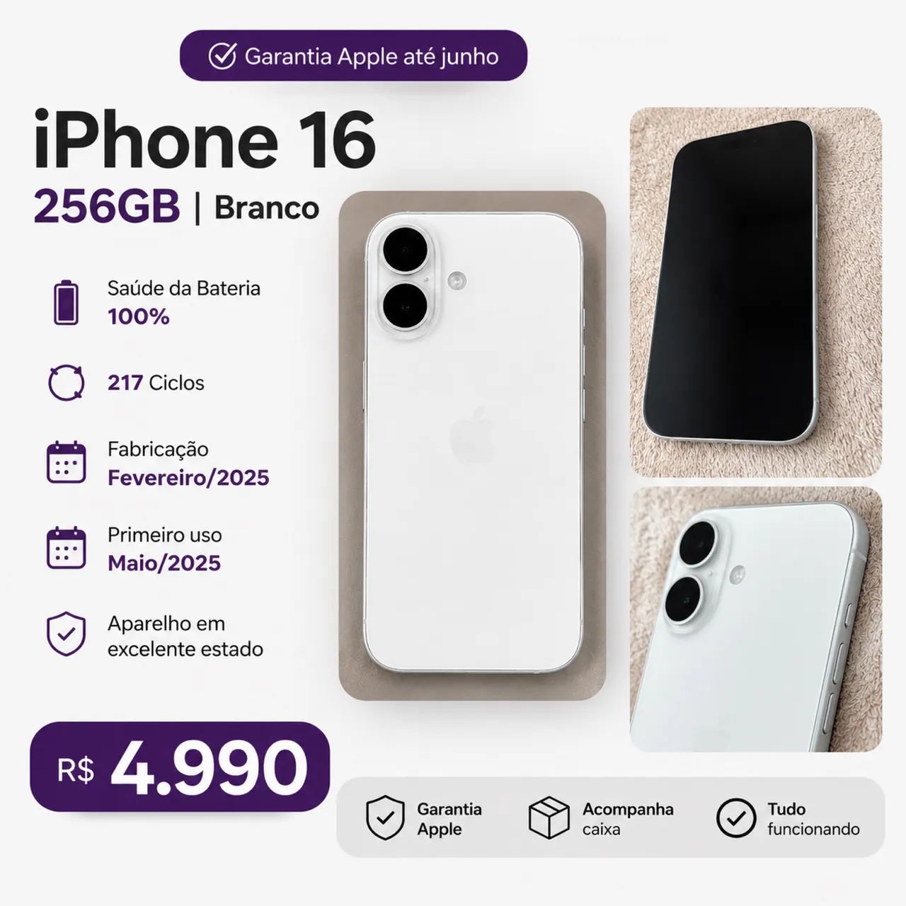 iPhone 16 Branco 256GB - 100% bateria - Garantia Apple - Celulares
