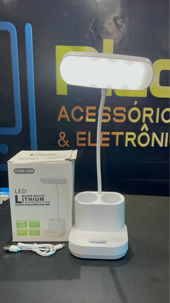 Luminaria mesa led articulada Sem Fio recarregável Suporte celular porta lápis USB - Foto 3