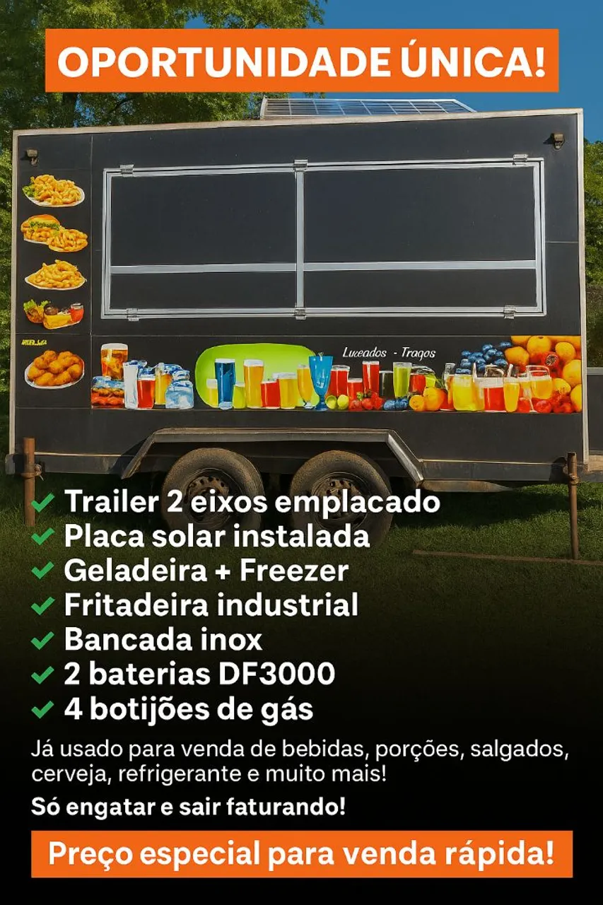 Trailer Preto com Exaustor e Placa Solar - Ideal para Food Truck