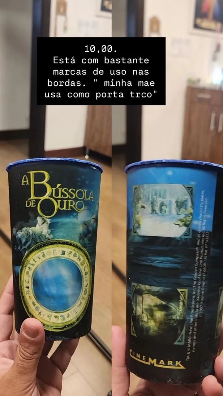 Copo 3D cinemark a bússola de ouro. Detalhes