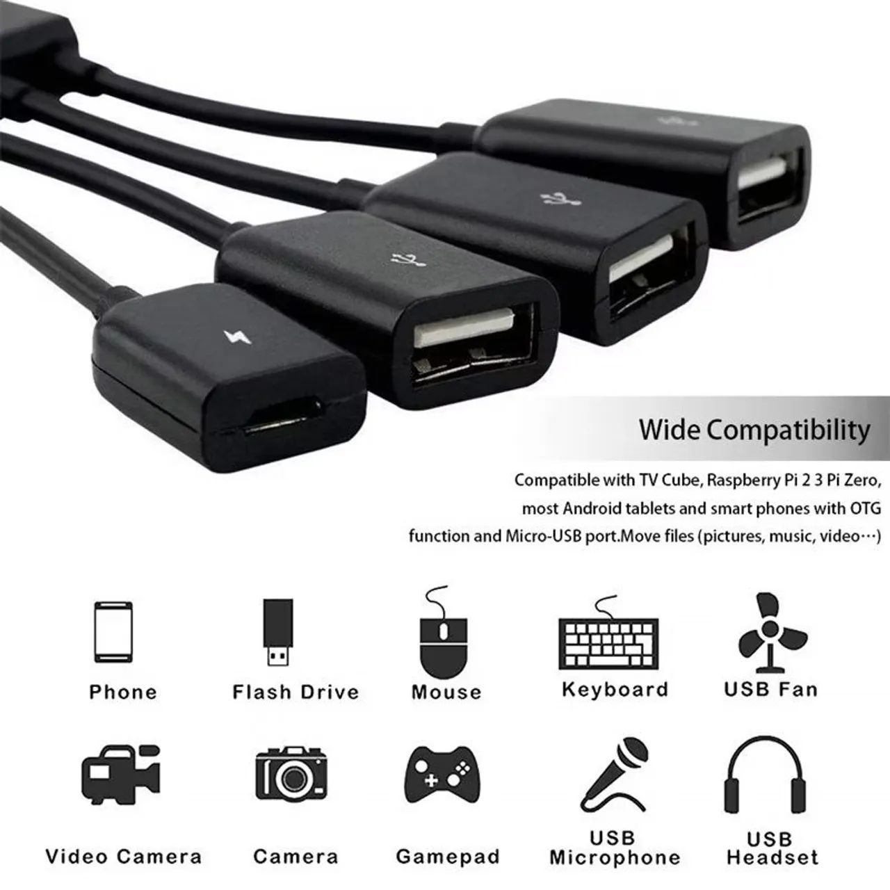 4 Portas Micro USB Cabo Extensor OTG Hub Preto para Android Tablet & Smartphone, U Disco - Foto 3