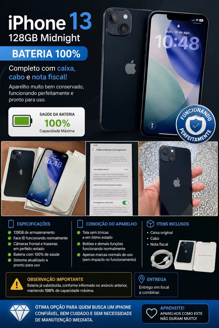 iPhone 13 128GB Midnight - Bateria 100% - Completo com Caixa, cabo e nota fiscal!