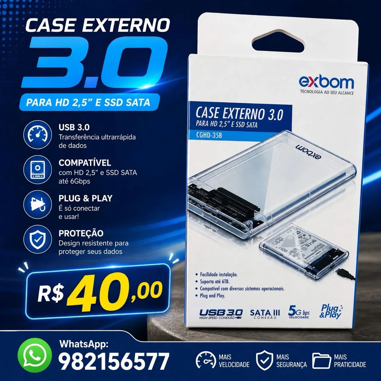 CASE EXTERNO 3.0 PARA HD 2,5" E SSD SATA