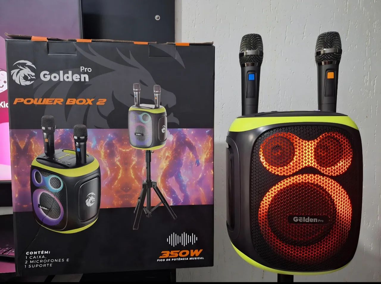 Caixa de Som Golden Pro + Pedestal + 2 Microfones Sem Fio | Completa