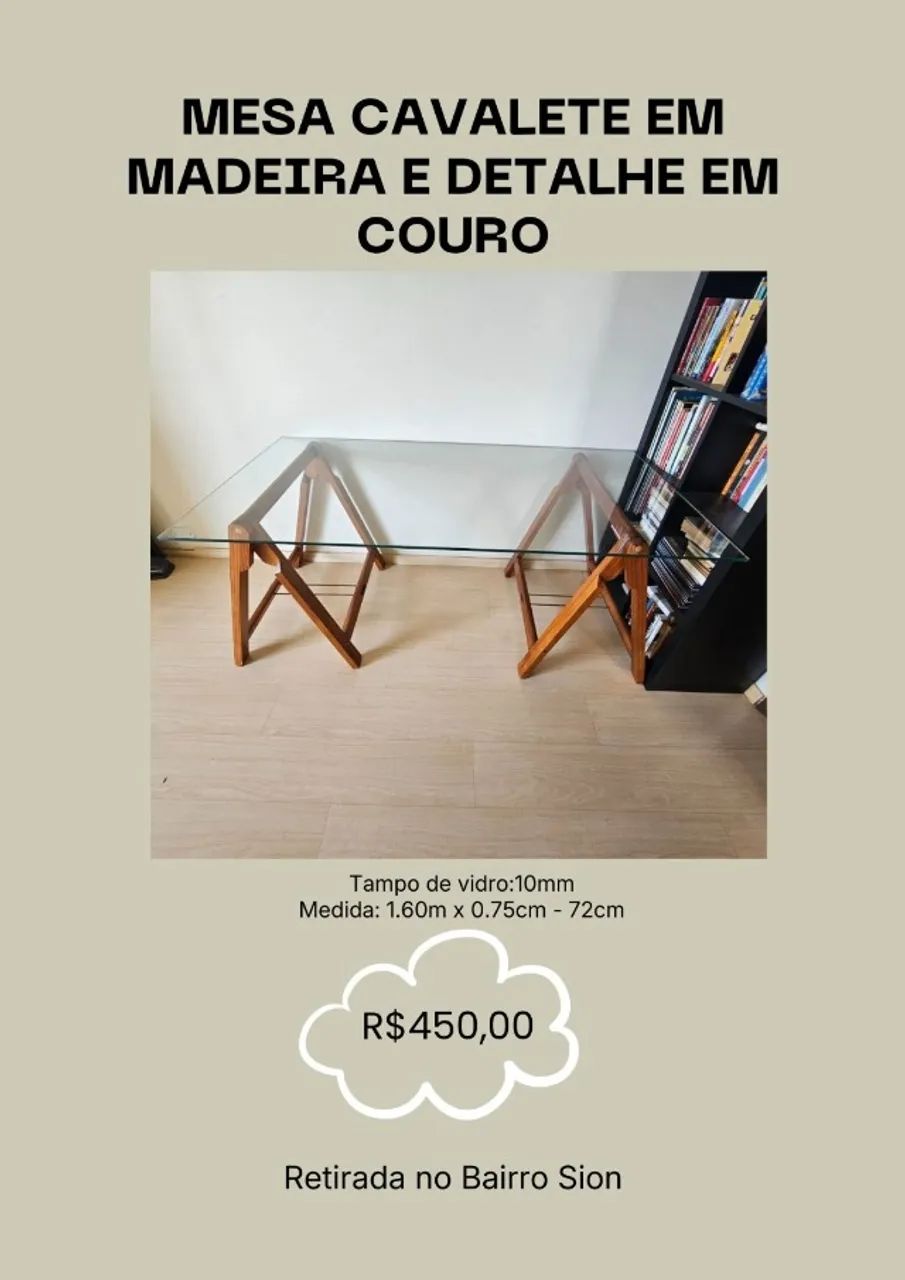 Mesa de Vidro com Cavalete em Madeira e Detalhe em Couro - Moderna e Sofisticada