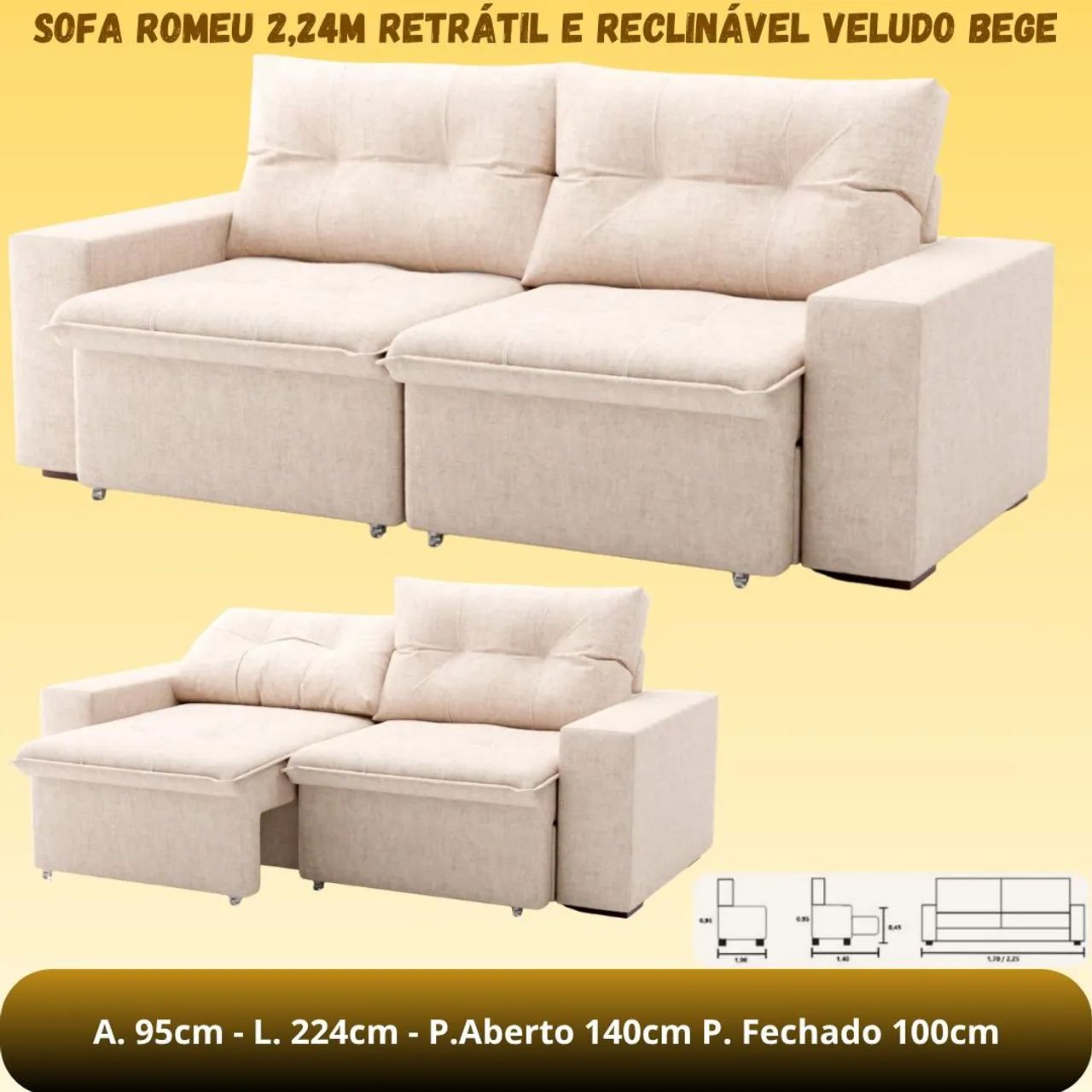 Sofá Retrátil e Reclinável Tamanho 224x140