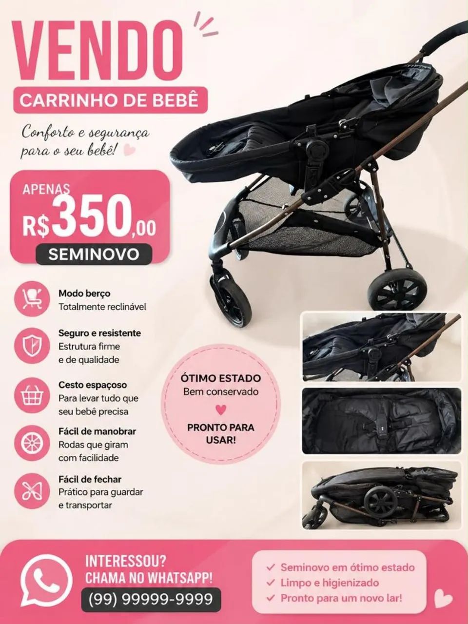 Carrinho De Bebê Passeio Berço Moisés Napoli Preto Galzerano