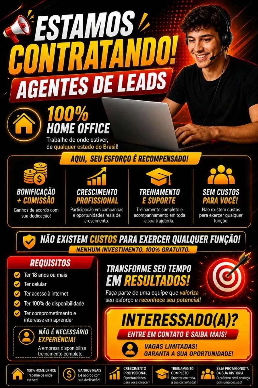 Estamos Contratando Agentes de Leads - 100% Home Office