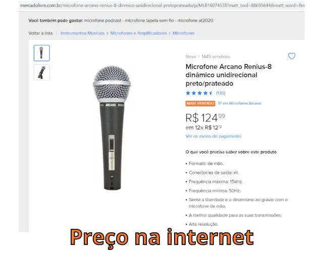 Microfone Arcano Renius-8 dinâmico unidirecional preto, cabo xlr