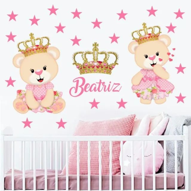 Adesivo de parede decorativo duas ursas princesas quarto de bebê meninas