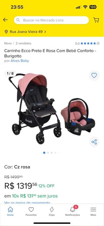 Carrinho de Bebê Ecco Preto e Rosa com Bebê Conforto - Burigotto