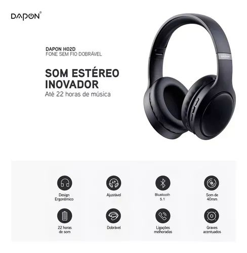 Fone De Ouvido Headphone Dapon H02d Bluetooth 5.1 Com Microfone Cor Preto