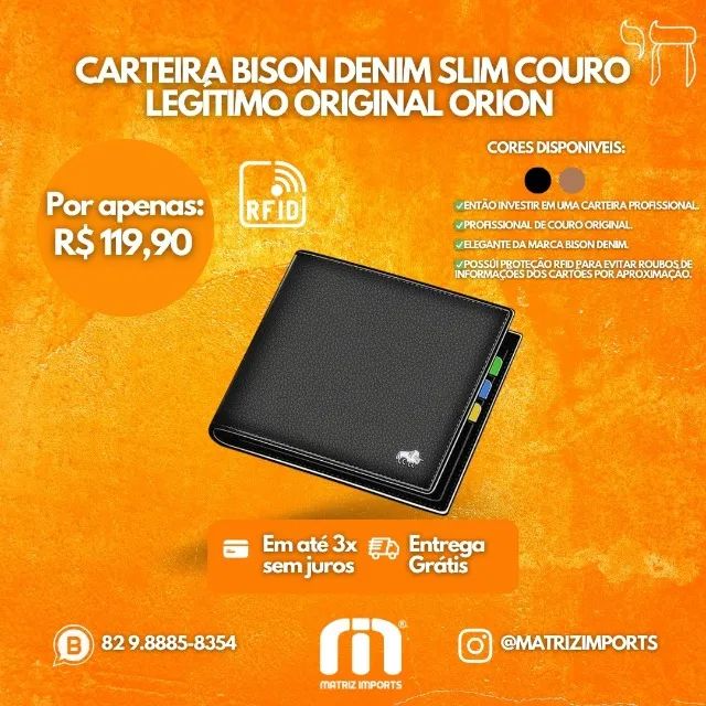  Carteira Slim Bison Denim Couro Legítimo Original Orion