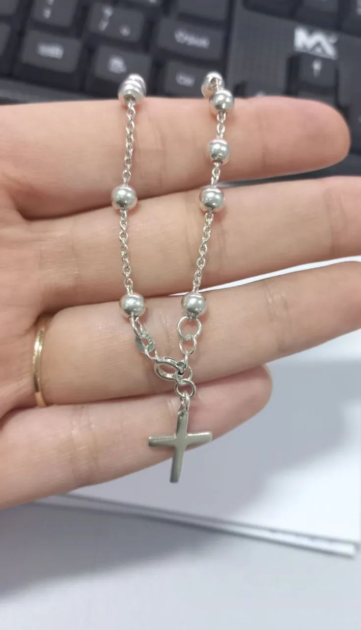 Pulseira terço prata 925 maciça  - Foto 2