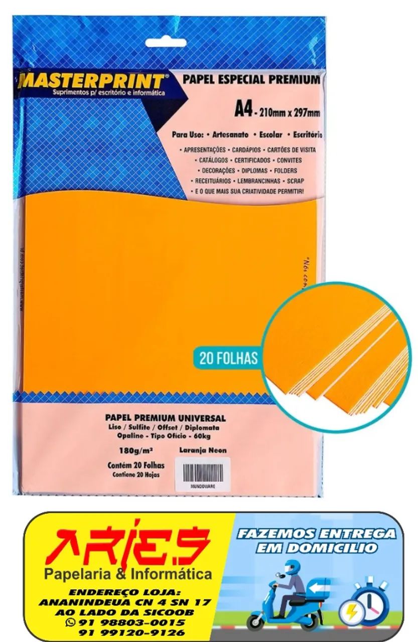 PAPEL OFFSET OPALINE DIPLOMATA LARANJA NEON 180G MASTERPRINT A4 20 FOLHAS
